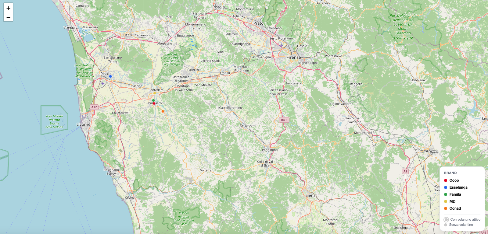 Mappa della Toscana con punti vendita dei concorrenti e aree di pressione commerciale